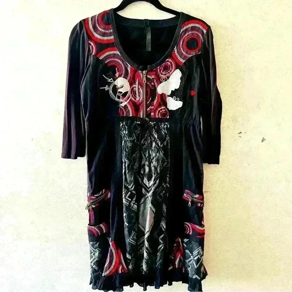 DESIGUAL EURO 36 WOMENS BLACK UNIQUE COLOR PATTERN ARTSY BOHO‎ COTTON DRESS